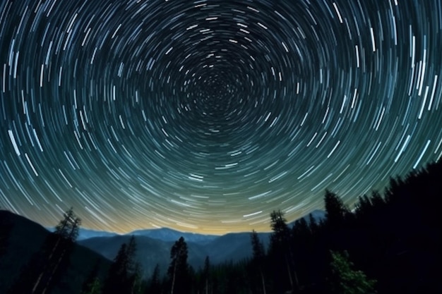 Una vista de una montaña con un rastro de estrellas en el cielo ai generativo