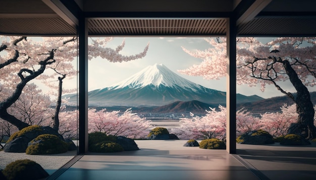 Vista de una montaña a través de la ventana con ai generativa de flores de cerezo