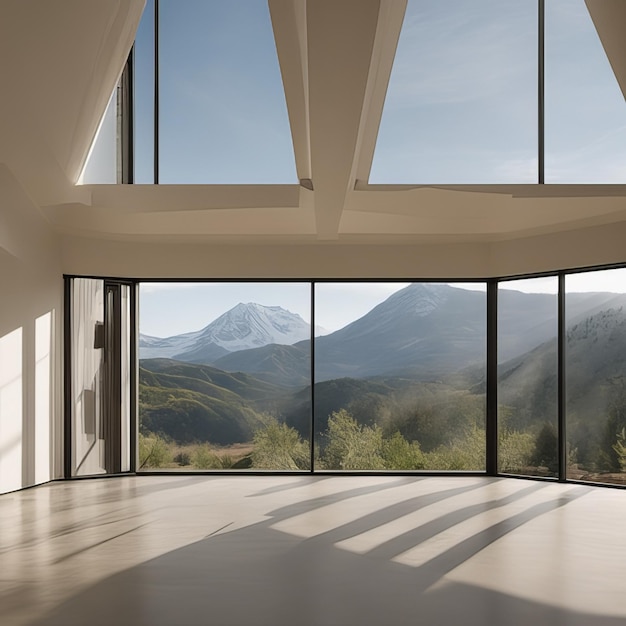 Vista a la montaña en la ventana de la casa de lujo