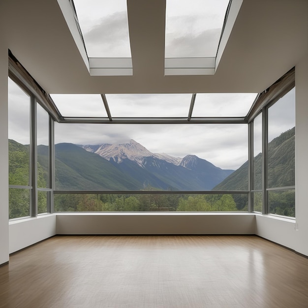 Foto vista a la montaña en la ventana de la casa de lujo