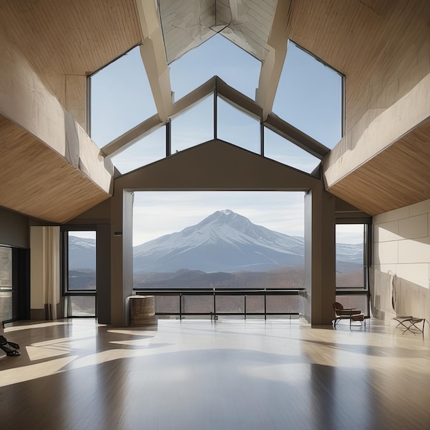 Vista a la montaña en la ventana de la casa moderna