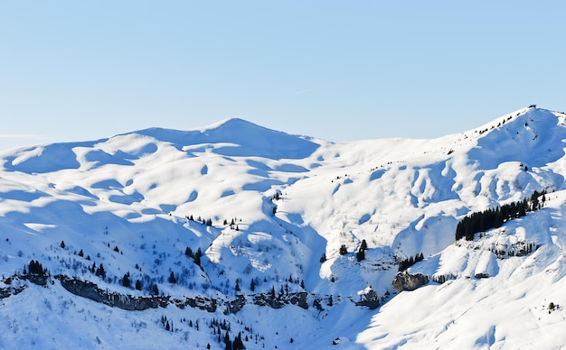 Foto vista de las montañas cubiertas de nieve en los alpes