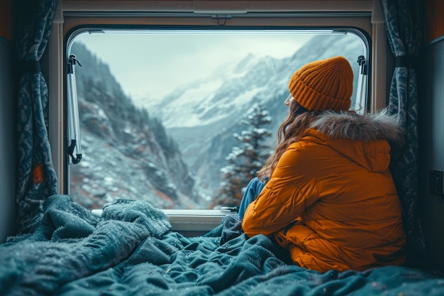 Vista de las montañas de invierno desde el interior de una acampada cálida