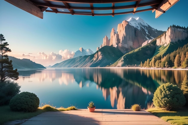 Una vista de las montañas desde el lago.