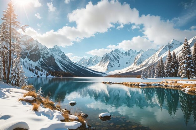 Vista de montañas nevadas llenas de árboles junto a un lago tranquilo durante el día