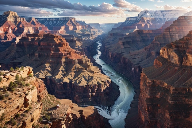 Vista de montañas rocosas con cascada y río.