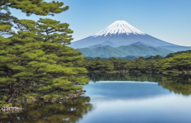 Vista del monte fuji desde el lago y árboles verdes