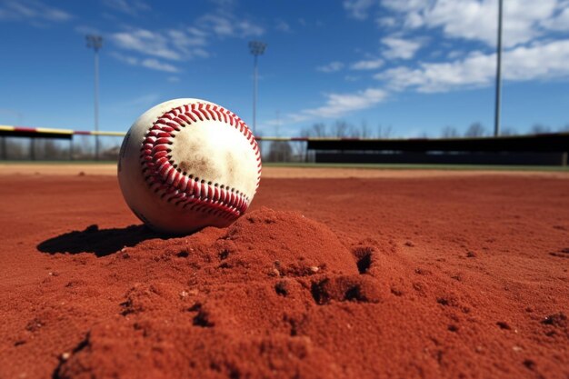 Foto vista del montículo de los lanzadores con béisbol y guante