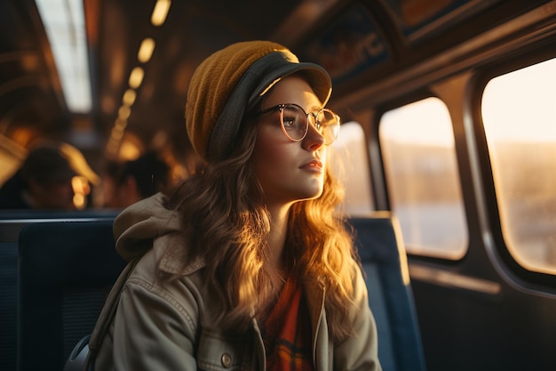 Vista de una mujer joven Viaje en tren IA generativa