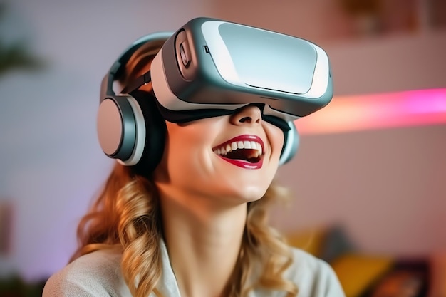Vista de una mujer con una máscara de realidad virtual generada por IA