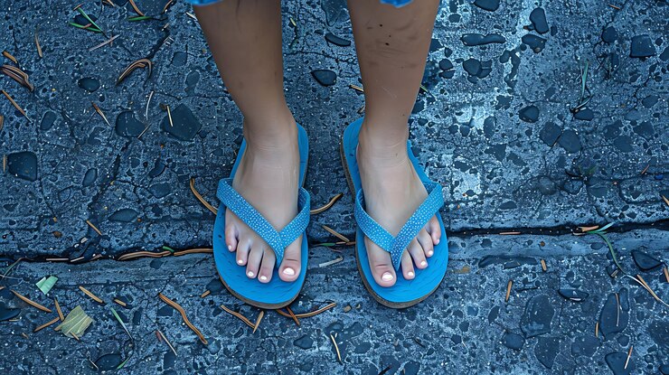 vista de una mujer con los pies en zapatillas azules