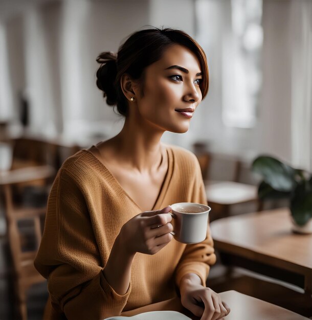 Vista de una mujer sosteniendo una taza de café