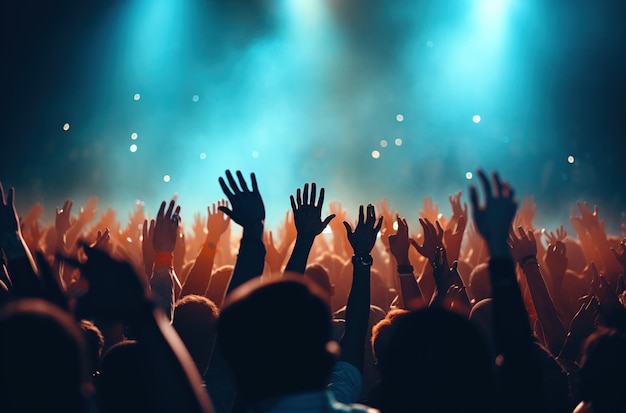 Vista de una multitud de personas emocionadas divirtiéndose frente al escenario en un concierto de música