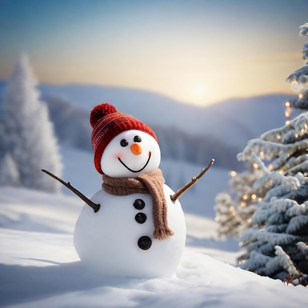 Una vista de un muñeco de nieve feliz en un paisaje de invierno con IA generativa de espacio de copia