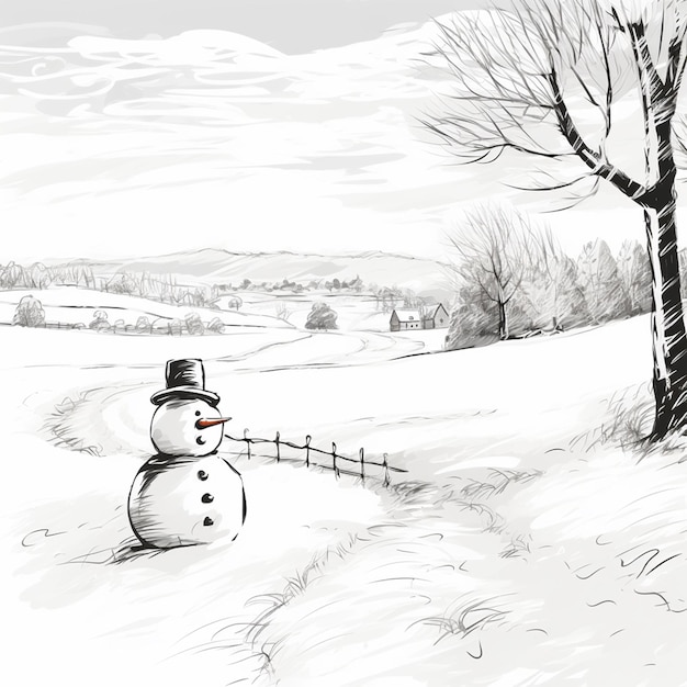 Vista del muñeco de nieve con paisaje de invierno