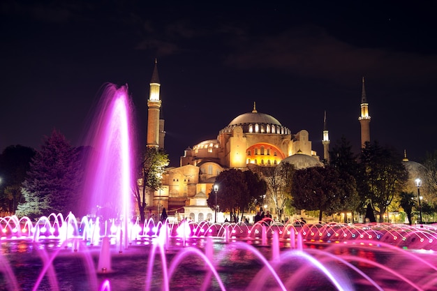 Vista del museo de Hagia Sophia desde el parque de Sultanahmet en la noche. Istanbul, Turquía.