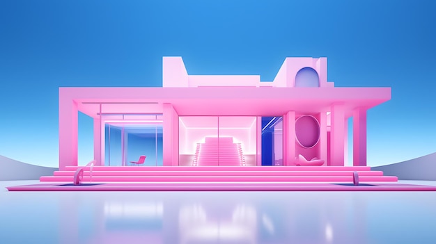 Vista del museo rosa barbie en estilo de arquitectura de tendencia modren por renderizado 3d