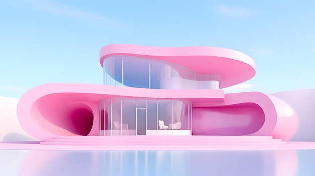 Vista del museo rosa barbie en estilo de arquitectura de tendencia modren por renderizado 3d