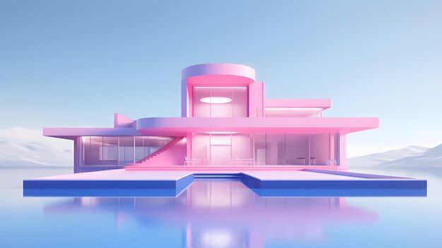 Vista del museo rosa barbie en estilo de arquitectura de tendencia modren por renderizado 3d