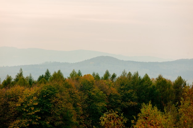 Vista nas montanhas de Beskids na hora por do sol