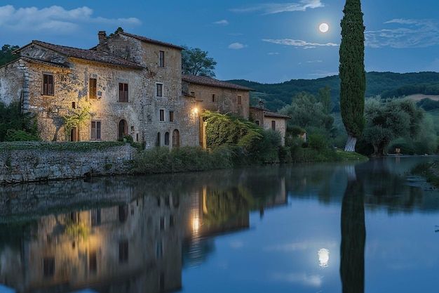 Vista natural de la aldea nocturna con la luna