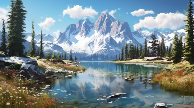 vista natural de um lago e árvores entre montanhas ai arte