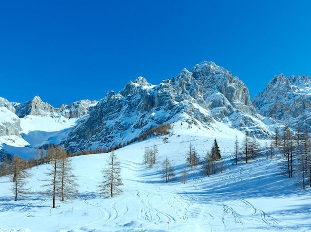 Foto vista nebulosa do inverno do maciço montanhoso dachstein (áustria).