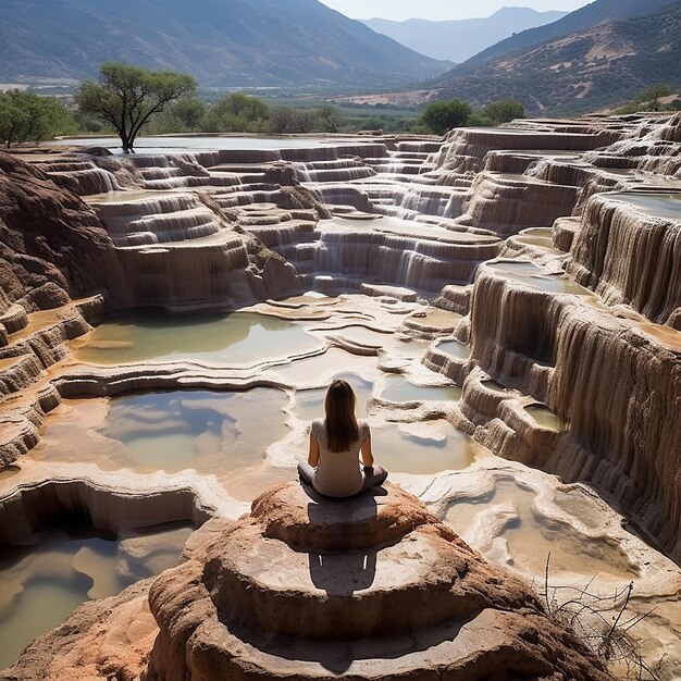 Vista de una niña sentada en el borde de las formaciones rocosas parecidas a cascadas del Hierve el Agua