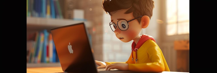 Foto vista de un niño usando una computadora portátil con fondo blanco