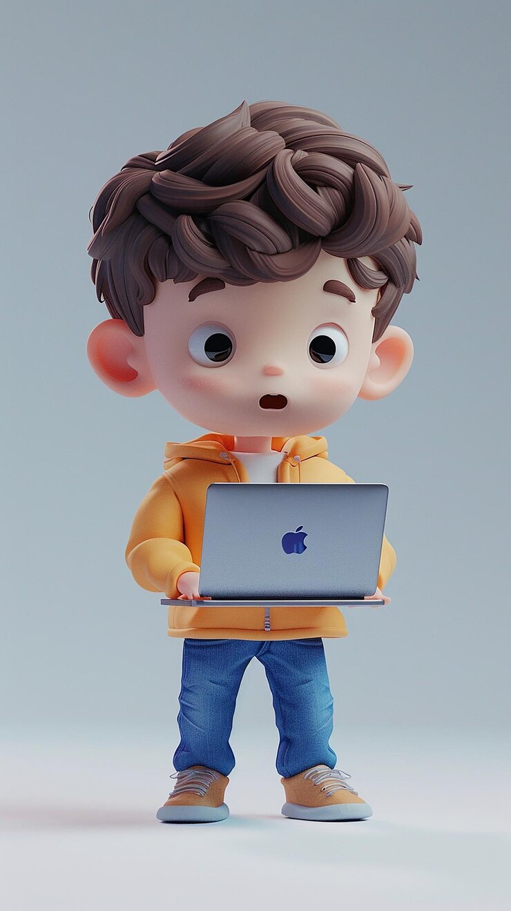 Foto vista de un niño usando una computadora portátil con fondo blanco