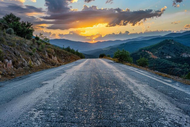 Vista a bajo nivel de una carretera pavimentada en las montañas