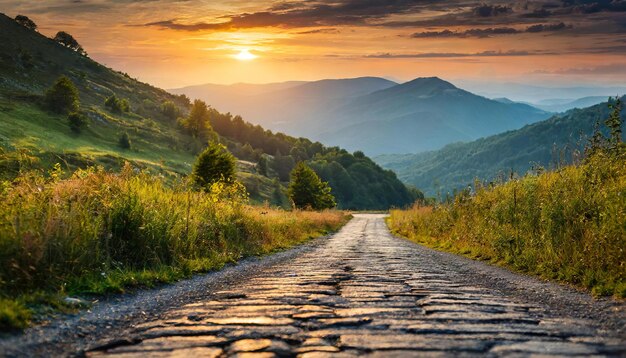 Vista de bajo nivel de una vieja carretera pavimentada vacía en una zona montañosa al atardecer