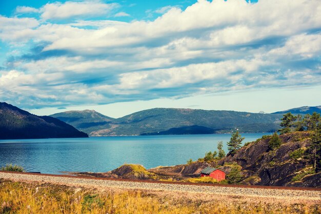 Vista no belo fiorde A bela natureza da Noruega