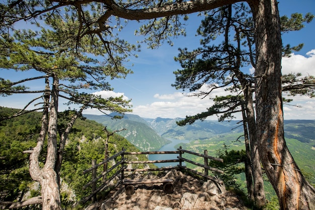 Vista no lago Perucac e no rio Drina da montanha Tara na Sérvia