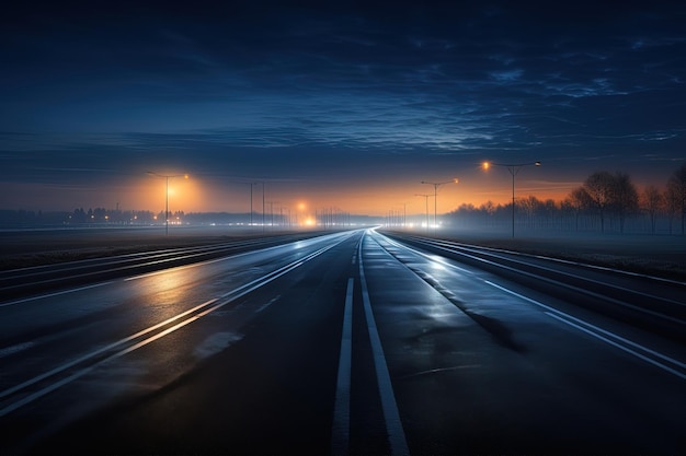 Vista de una noche brillante iluminada con luces naranjas en la noche azul profunda