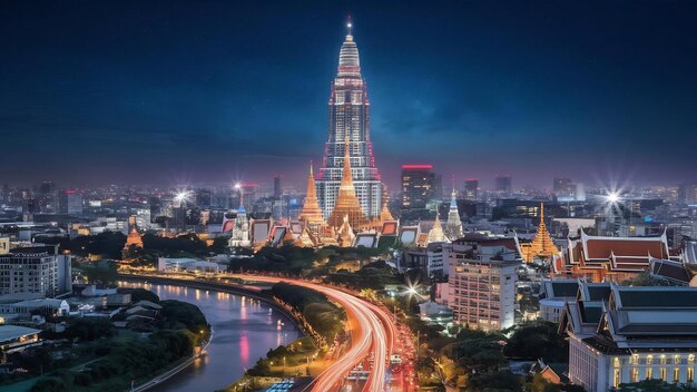 Foto vista nocturna de bangkok con rascacielos en el distrito de negocios en bangkok, tailandia