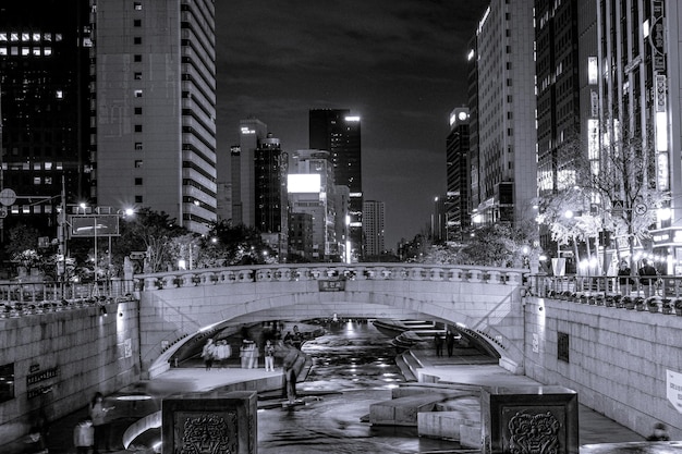 Foto la vista nocturna en blanco y negro de cheonggyecheon en seúl, corea del sur