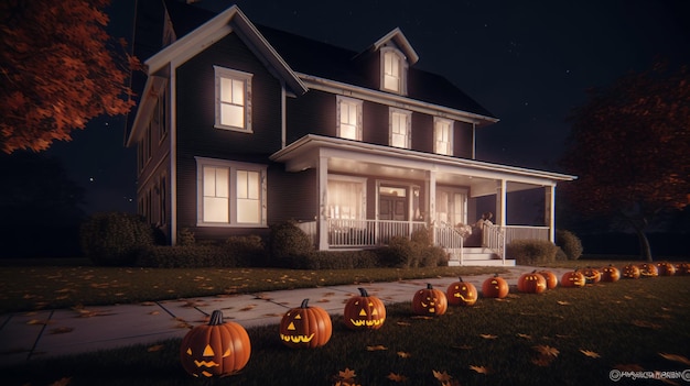 Vista nocturna de una casa de madera en otoño con calabazas de halloween en el césped