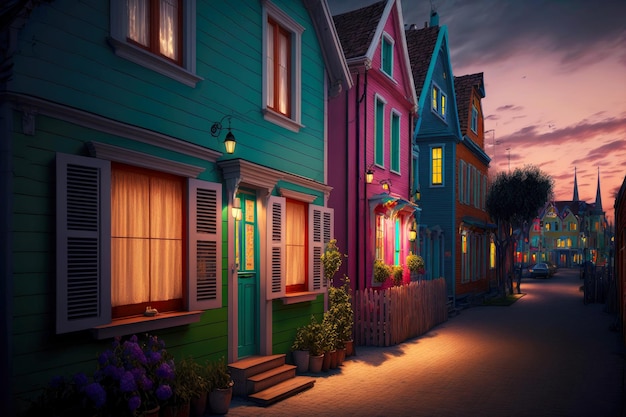 Vista nocturna de las casas de madera de la calle burano con luces en las ventanas