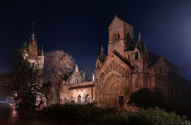 Vista nocturna del castillo de Vajdahunyad en Budapest (Hungría)