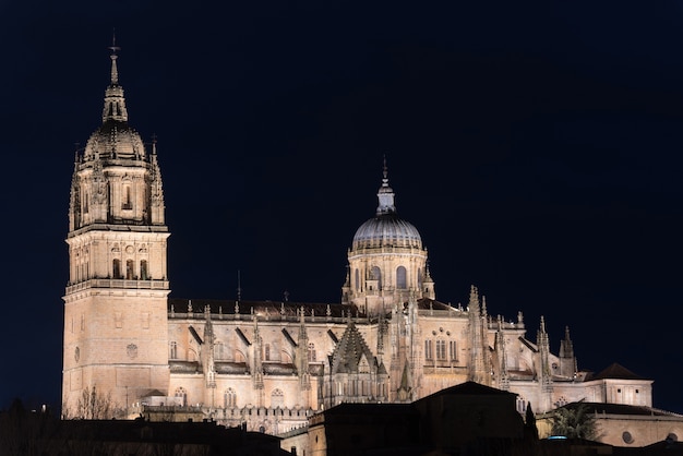 Foto vista nocturna de la catedral de salamanca, salamanca, españa.