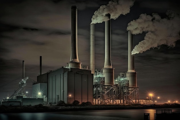 Vista nocturna de las chimeneas en la planta de energía industrial moderna