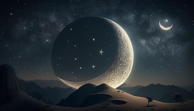 Vista nocturna del cielo estrellado luz de luna brillante medio mes fondo de ilustración de Ramadán