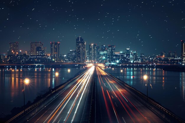 Foto una vista nocturna de una ciudad y una autopista