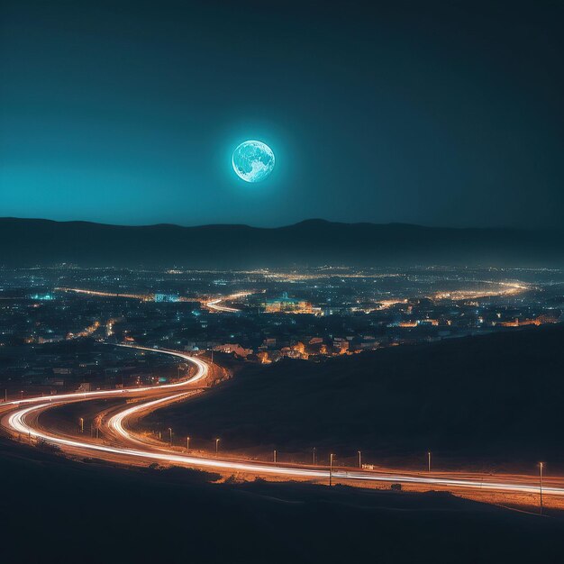 Foto vista nocturna de la ciudad y la carretera frente a la luna