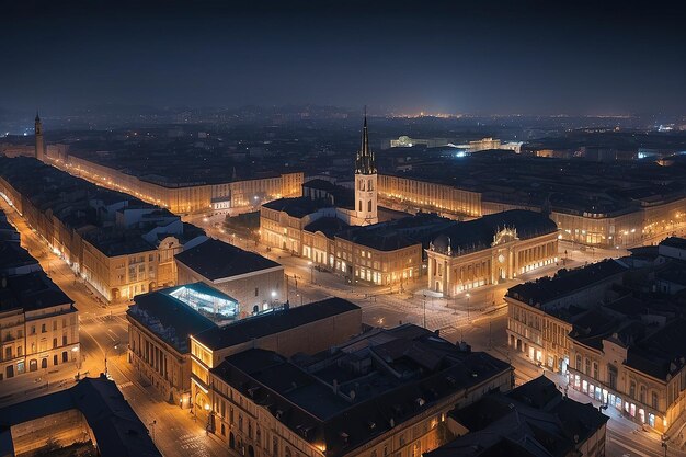 Vista nocturna de la ciudad frente a la plaza