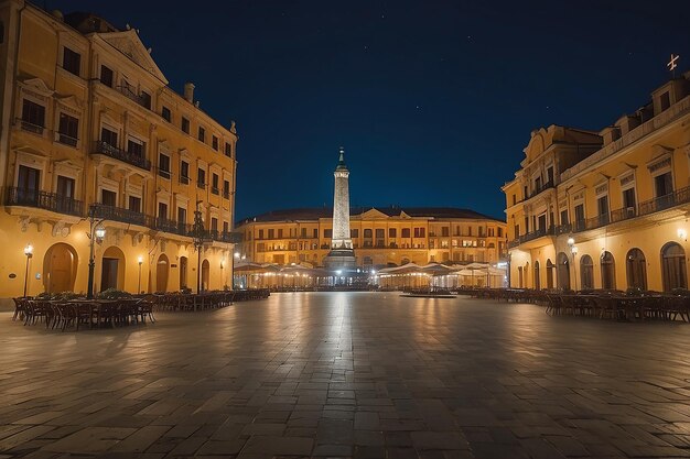 Vista nocturna de la ciudad frente a la plaza