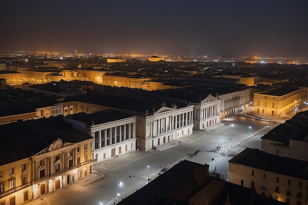 Vista nocturna de la ciudad frente a la plaza