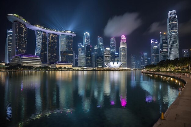 Vista nocturna de la ciudad con luz artificial que se refleja en la superficie del agua Singapur