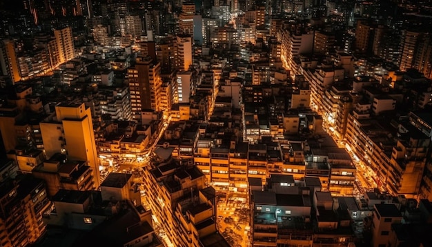 Una vista nocturna de una ciudad con muchos edificios y luces.